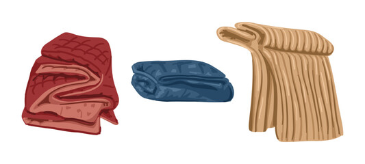 Set of folded blanket and plaid in different color isolated on white background. Home textile collection for comfort interior and cozy lifestyle concept © Olena