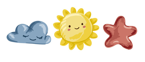 Set of sun cloud and star plush toy isolated on white background. Cute nursery illustration for childhood imagination and weather concept