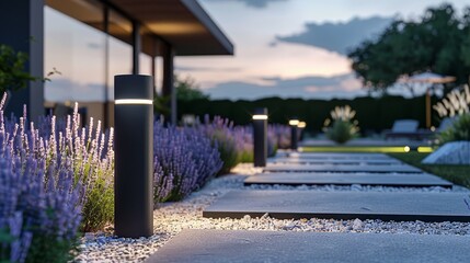 Serene Walkway Illuminated by Mid Century Lights Under a Starry Night Sky Creating a Tranquil Atmosphere