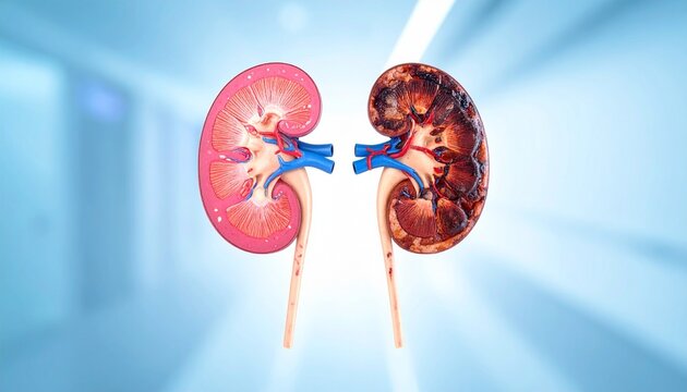 Medical illustration comparing healthy and diseased human kidneys side by side.