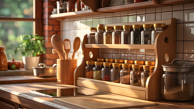 A well-organized kitchen countertop with a wooden spice rack and various cooking utensils