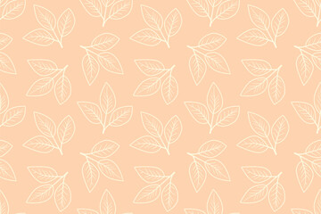 Elegant peach background featuring a delicate, repeating pattern of creamcolored leaves.  Perfect for adding a touch of subtle sophistication to websites, stationery, or packaging designs.