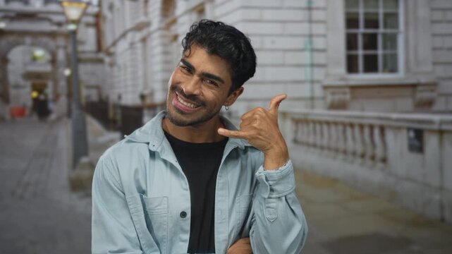 Young hispanic man makes playful call me gesture with hand in a busy city street setting; friendly invitation.