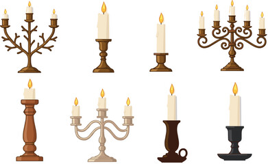 Vintage candle holders and elegant metal candelabras vector set with burning wax candles isolated on white background for romantic or classic interior decor