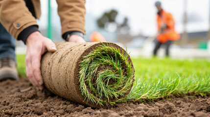worker installing new lawn by rolling out fresh green grass sod on soil in garden landscaping project