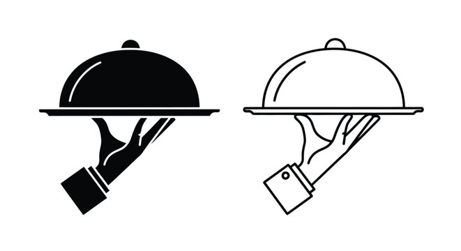 Two silver cloche covered dishes presented on hands black and white