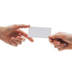 Obraz premium Hands holding and passing a blank white business card isolated on a transparent background