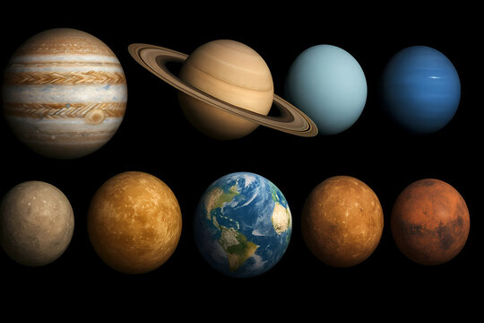 High-resolution detailed digital illustration of the eight planets in the solar system showcasing Jupiter, Saturn, Uranus, Neptune, Mercury, Venus, Earth, and Mars