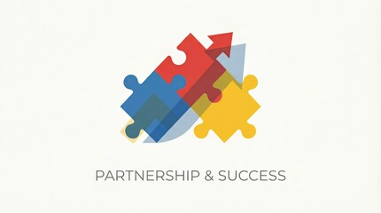 Abstract minimalist illustration of three puzzle pieces fitting together, primary colors, corporate partnership and team success conce