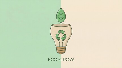 Minimalist vector illustration of a green leaf growing out of a recycled lightbulb, clean lines, flat design, soft pastel green and beige background, high-end eco-friendly concept.