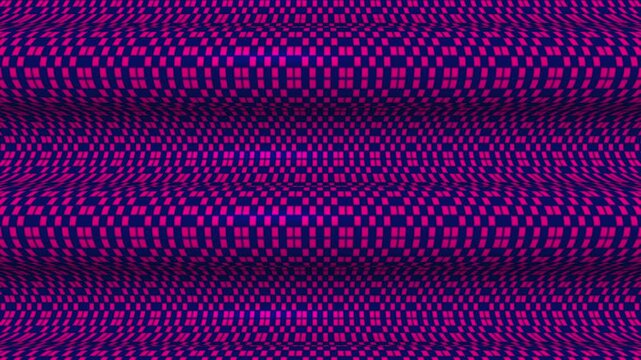 Abstract wavy pattern of pink squares on dark blue background