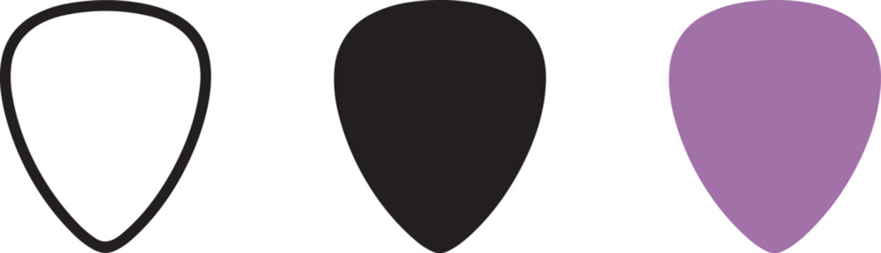 Guitar pick vector collection including outline black solid and purple plastic plectrum icons