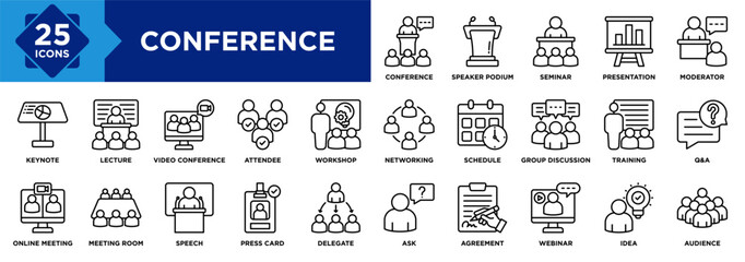 Conference icon collection set. Containing design Speaker Podium, Online Meeting, Presentation, Audience, Q&A, Seminar, Video Conference