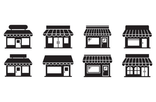Collection of black shop and store front icons isolated on transparent background vector illustration