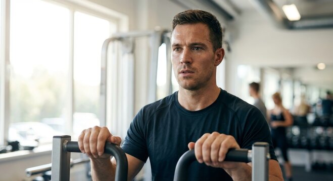 Focused man exercising on elliptical machine in modern gym