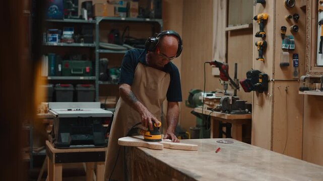 Professional luthier sanding a handmade guitar body in his workshop with a sander