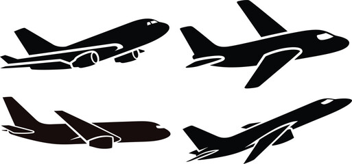 Obraz premium Four Black Airplane Silhouettes in Different Positions