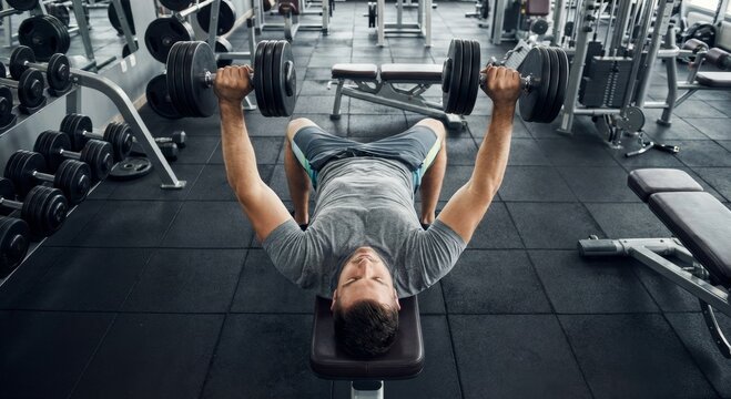 Man lifting dumbbells on bench in modern gym for strength training and fitness