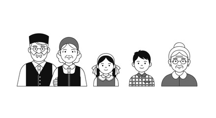 Fototapeta premium A black and white line art illustration of a multi-generational family group featuring an older man, two older women, a young girl, and a young boy in traditional outfits.