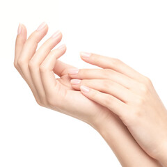 Fototapeta premium Beautiful female hands with natural manicure isolated on light background, skincare and nail care concept