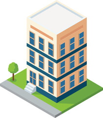 Isometric Three Story Apartment Building Icon with Green Lawn and Tree Isolated on White