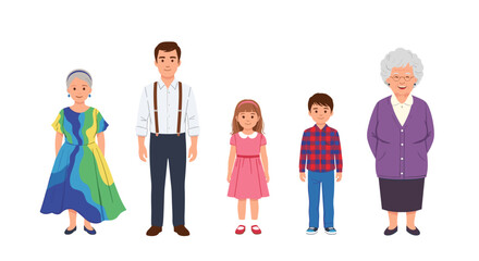 A diverse and multi-generational family portrait, showcasing individuals of various ages dressed in a mix of modern and traditional clothing styles, standing together harmoniously.