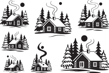 Fototapeta premium Winter Forest Cabin Scene Silhouette Set – Snowy Landscape Vector Illustration