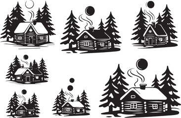Obraz premium Winter Forest Cabin Scene Silhouette Set – Snowy Landscape Vector Illustration