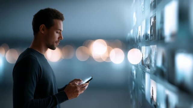 Focused male interacts with a smartphone, exploring a virtual gallery of multimedia content displayed on a glowing digital wall. Modern technology, connectivity, and digital lifestyle are highlighted