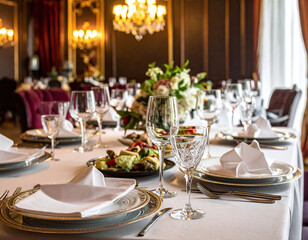 Luxurious banquet table set with crystal glassware and fine china in an opulent ballroom. Perfect for highend event planning, wedding marketing, and sophisticated hospitality themes.