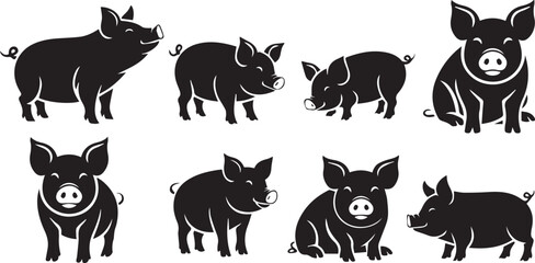 Obraz premium Set Of Eight Cartoon Pig Icons In Various Poses