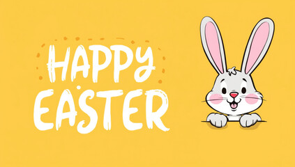 Fototapeta premium Happy Easter cartoon bunny with pink ears and rosy cheeks on yellow background rabbit