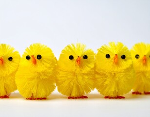Group of Fluffy Yellow Chicks in a Row on White Background Studio Lighting