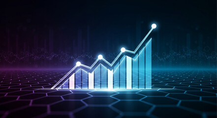 Glowing blue financial graph showing upward trend on dark background. © angga