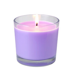 Purple lavender scented candle burning in glass jar