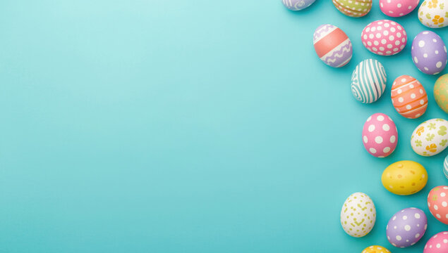 Colorful easter eggs on turquoise background with happy easter text and bunny ears colorful eggs