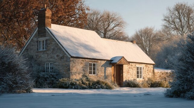 Small stone cottage with a sloping roof covered in snow. the cottage has a chimney on the left side and two windows on the right side. the front door is made of wood and has a small window above it.