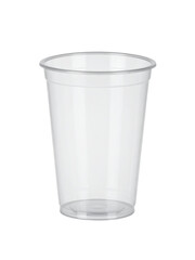 Clear disposable plastic cup with a transparent background