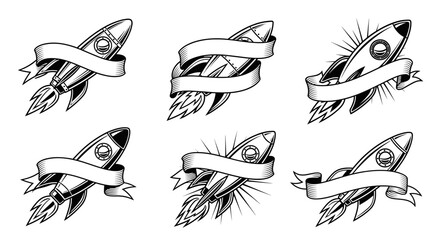 Fototapeta premium Set of six vintage rocket ship illustrations with blank ribbons, perfect for retro-themed designs.