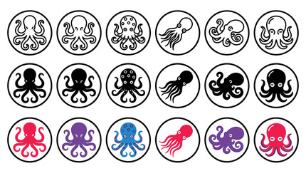 Large collection of stylized octopus icons in various graphic design styles, including monochrome outlines, solid silhouettes, and colorful flat illustrations