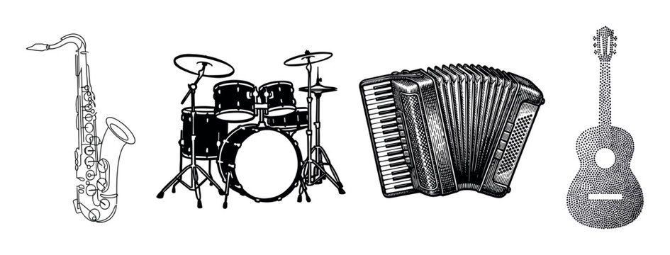 Four different musical instruments illustrated in various black and white artistic styles, featuring a line art saxophone, a silhouette drum kit, an engraved accordion, and a stippled guitar