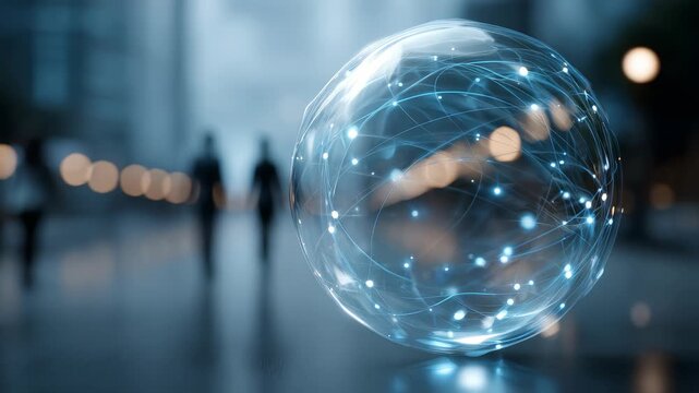 A transparent orb with luminous network connections represents digital transformation and global connectivity in an urban environment. The scene evokes concepts of AI, data, and smart cities