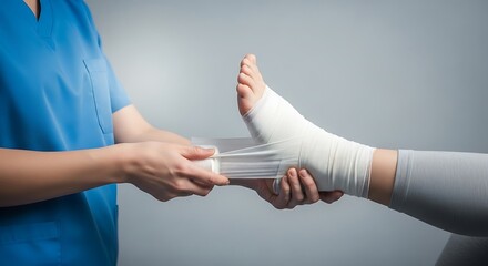 Obraz premium A medical professional carefully wrapping a patient's ankle with a cast