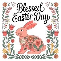 Blessed Easter Day Floral Bunny Folk Illustration