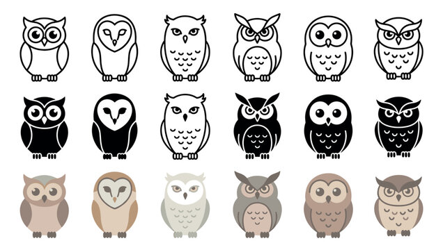 Large collection of stylized owl icons presented in three different graphic styles including simple line art, solid black silhouette, and modern flat color vector illustrations