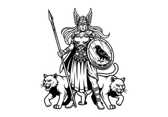 Fototapeta premium Valiant Valkyrie Warrior with Spear Shield and Majestic Feline Companions.