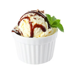 Vanilla ice cream sundae with chocolate syrup and mint
