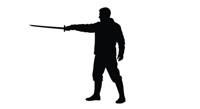 A warrior posed with a sword displaying a dynamic fighting stance silhouette