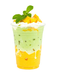 Layered mango avocado smoothie drink with mint