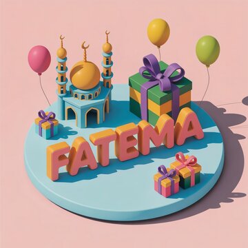 A cute 3D isometric scene on a pastel blue platform. "Fatema". Soft shadows, claymorphism style, vibrant colors, high quality.
